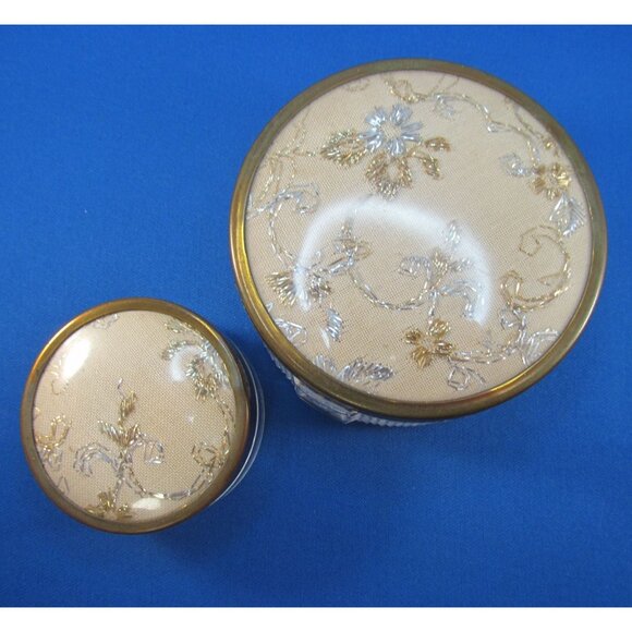 Vintage Ladies Vanity Glass Jar Containers with Embroidered Lids 2 Piece Lot - Picture 7 of 12